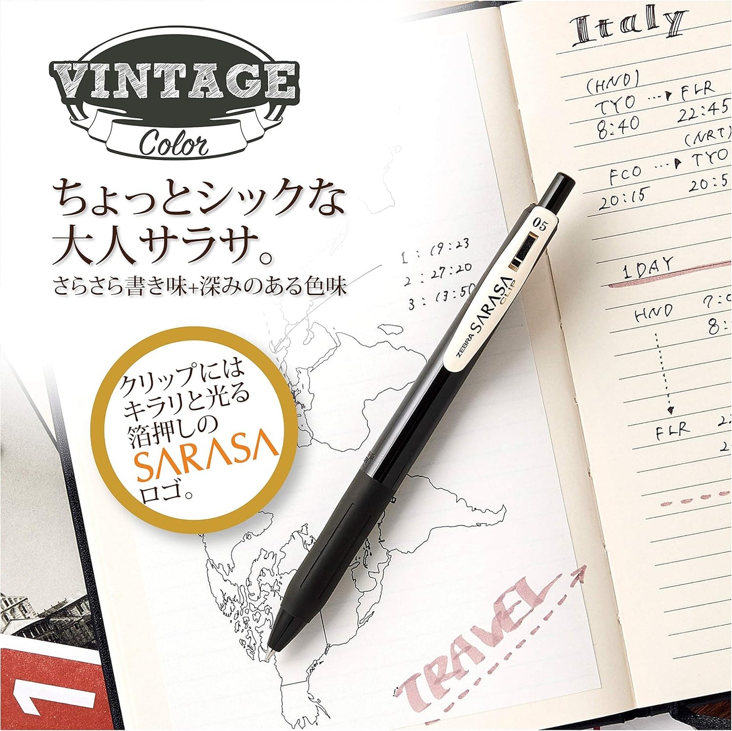 Zebra Sarasa Clip 0.5mm Vintage Gel Pens, 5 Colours