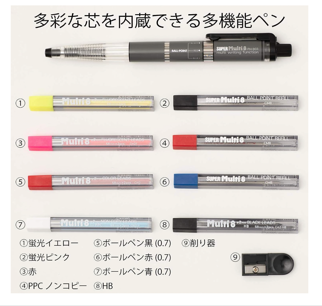 Pentel Super multifonctionnel stylo 8-en-1 PH803ST 0,7 mm, lot de 8 couleurs