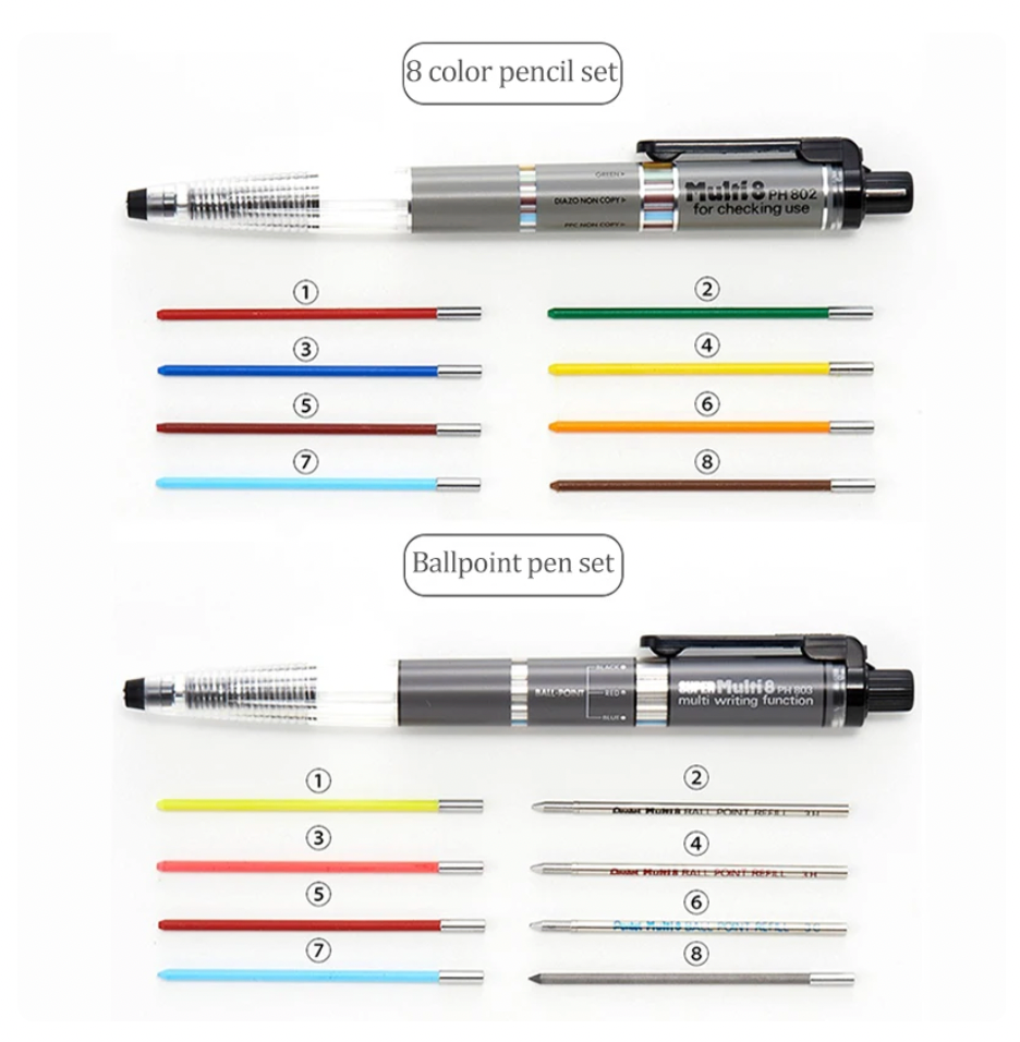 Pentel Super multifonctionnel stylo 8-en-1 PH803ST 0,7 mm, lot de 8 couleurs