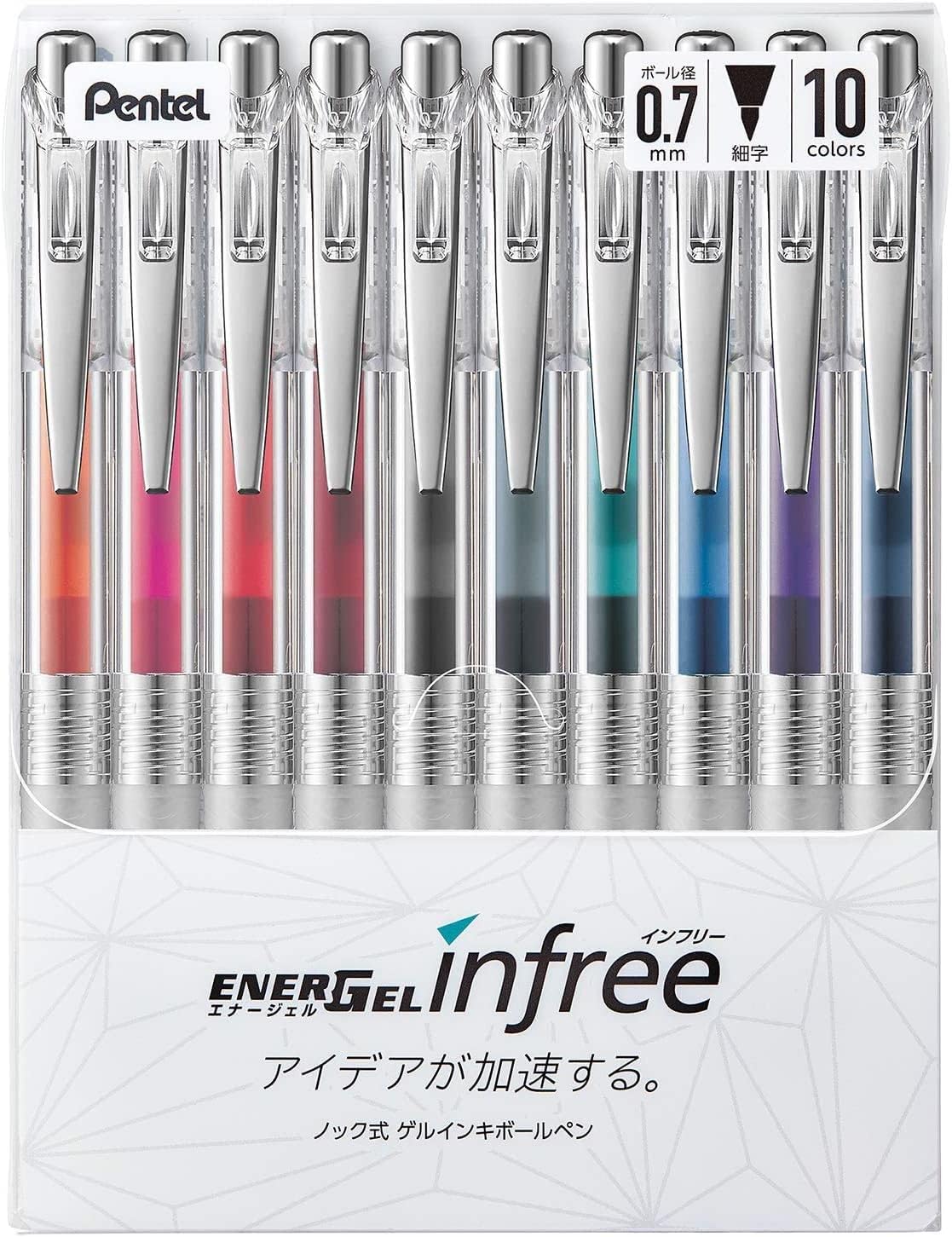 Pentel EnerGel Infree Stylo à bille rétractable, pointe fine 0,7 mm, 10 couleurs, BL77TL-10