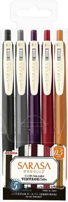 Zebra Sarasa Clip 0.5mm Vintage Gel Pens, 5 Colours